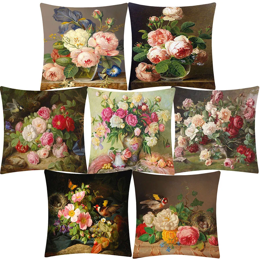 European Vintage Flowers Painting Cushion Covers Modern Decor Floral Birds Decorative Pillows For Sofa 45X45cm