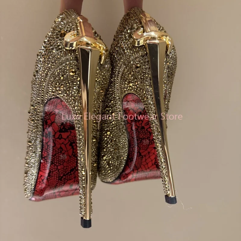 Gold Shiny Crystal Sword Shaped Pointed Thin High Heels Women Sexy Shallow Slip On Pumps Luxury Fashion Evening Party Dress Shoe