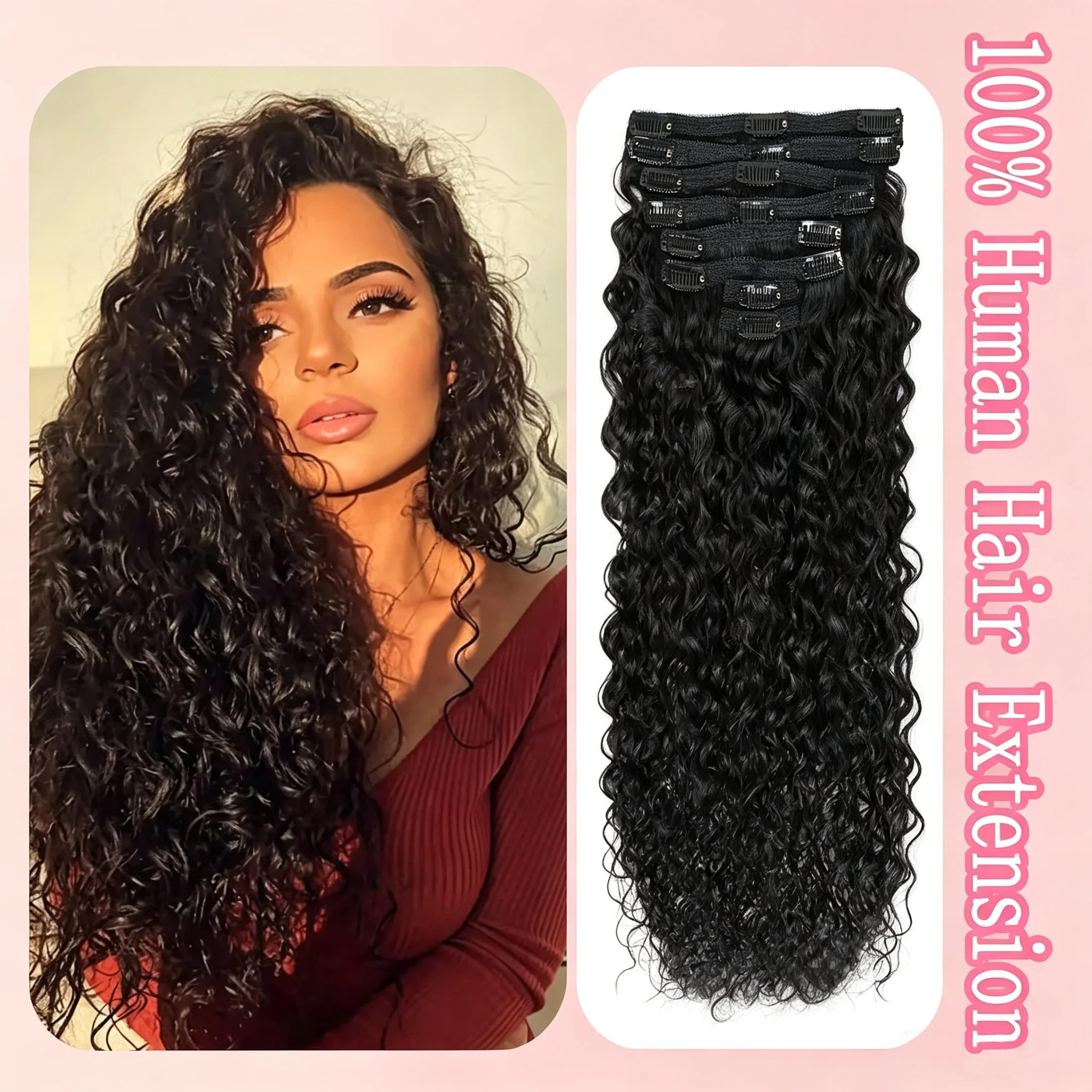Clip In 100% Human Hair Extensions-Full Head Water Wave Hair Extension For Black Woman,Nature Black Color, 10-30 Inch ,8 Pcs/Set