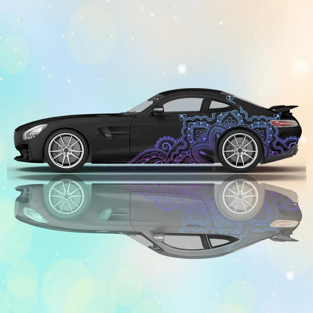 2pcs Line Mandala Flower Car Side Wraps, Self-Adhesive PVC Waterproof & Scratch-Resistant Stickers, Car Accessory Gift view 6