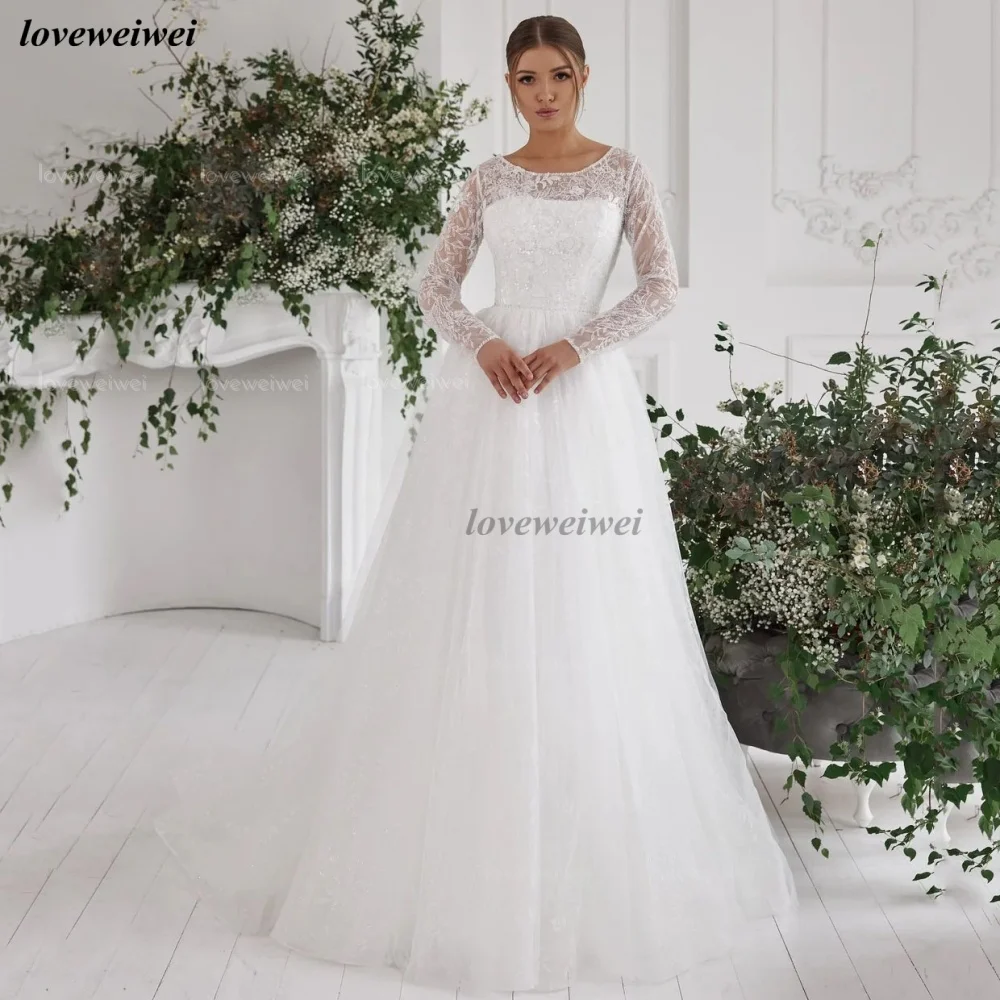 カスタムメイドのウェディングドレス Aライン レース 花嫁ドレス エレガント モダンスタイル スパンコール付きブライダルガウン 長袖 ベスティドス・デ・ノビア