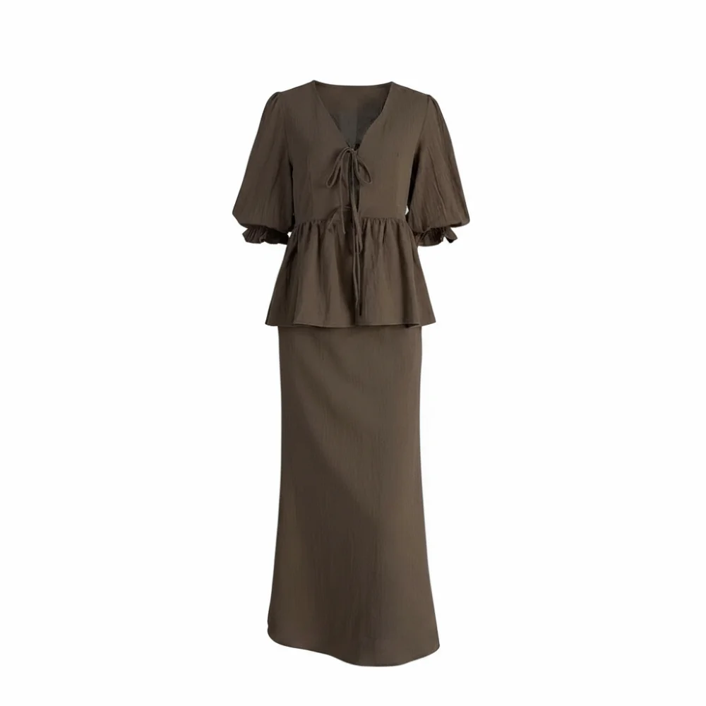 Fashion V-Neck Women's Cotton Dresses Lace-Up Loose Two-Piece Dress Suit Bubble Sleeve Shirt Casual Women Dress Women