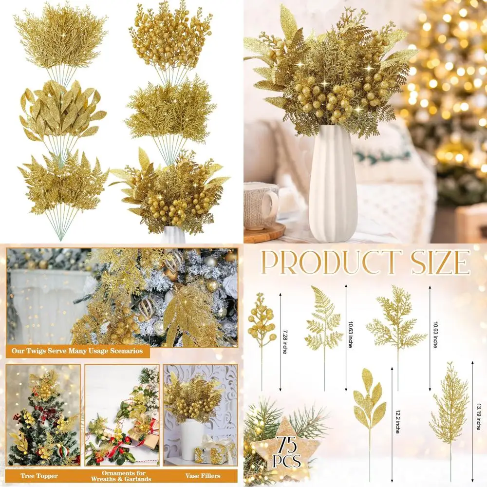

75 Pcs Christmas Glitter Picks Gold Artificial Christmas Tree Picks and Sprays for Christmas Tree 5 Styles Berries Stems Cedar B