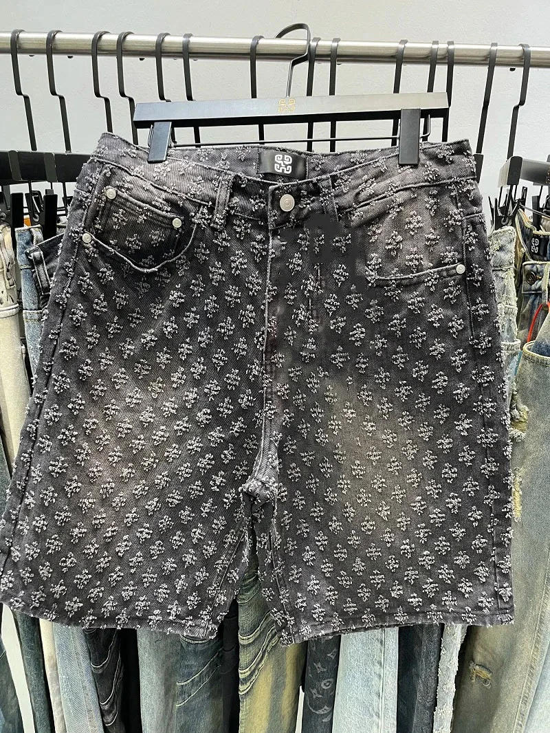 Cowboy-Shorts für Herren, Sommer-Arbeitskleidungshose, lockeres gerades Bein, mittellange Hose, elastische Taille, amerikanische High-Street-Trendshorts