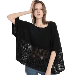 Kadın bahar sonbahar şal Lady örgü T-shirt Hollow Out Wrap düz renk kazak gevşek kazak güz panço toptan bırak gemi