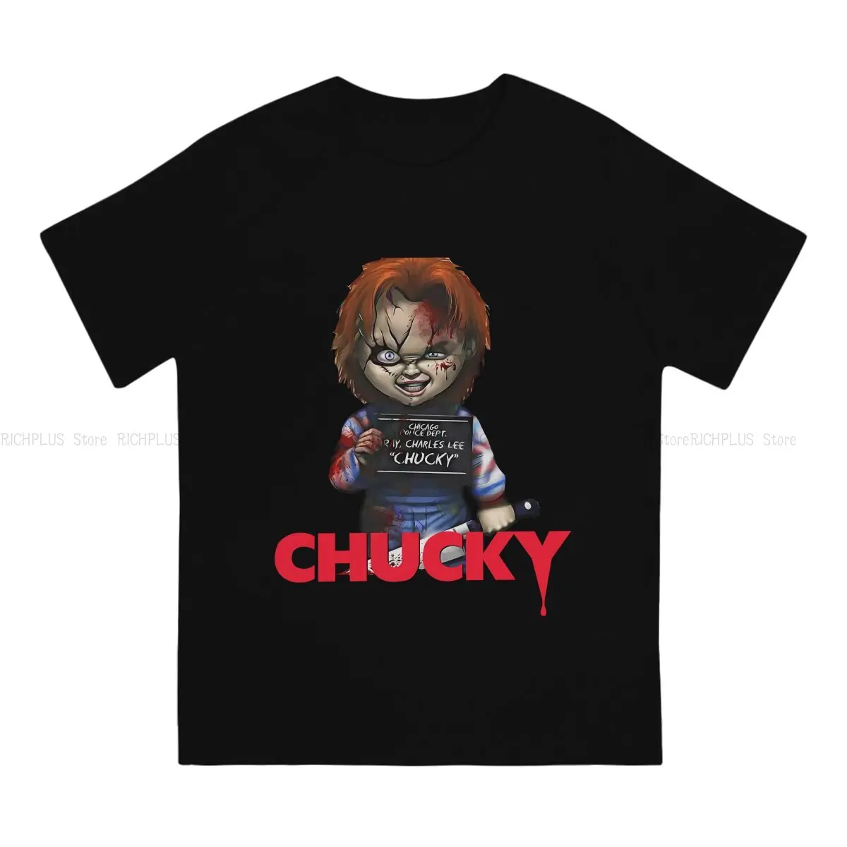 Play Creepy Doll Men TShirt Child's Play Chucky Horror Film Crewneck Short Sleeve Polyester T Shirt Funny Gift Idea