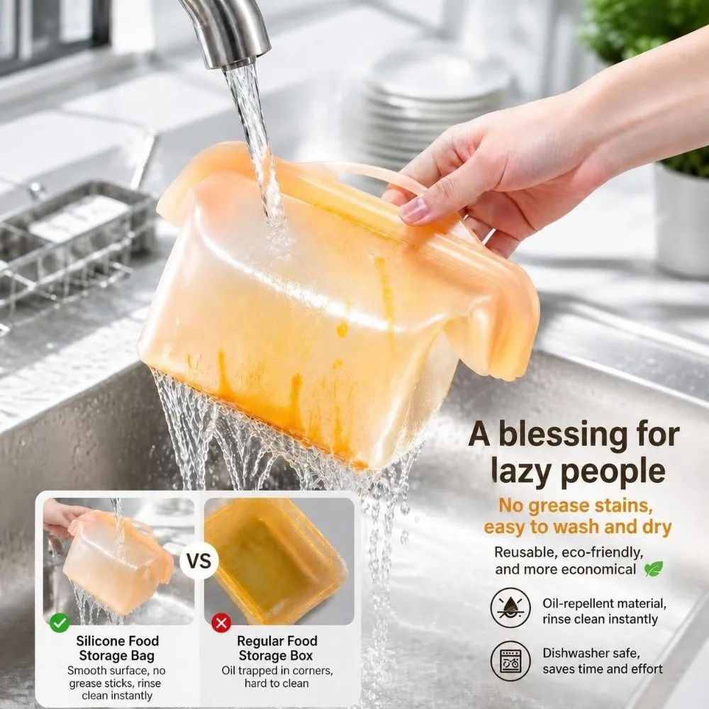 With Handle 1000ML Silicone Fresh-keeping Bag Odor-Proof Large Open Fruit Storage Bags Reusable Multipurpose