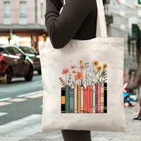 Book Floral Pattern Canvas Tote Bag Women Wildflower and Books Shopping Bag Vintage Teacher Reusable Female Shoulder Bag