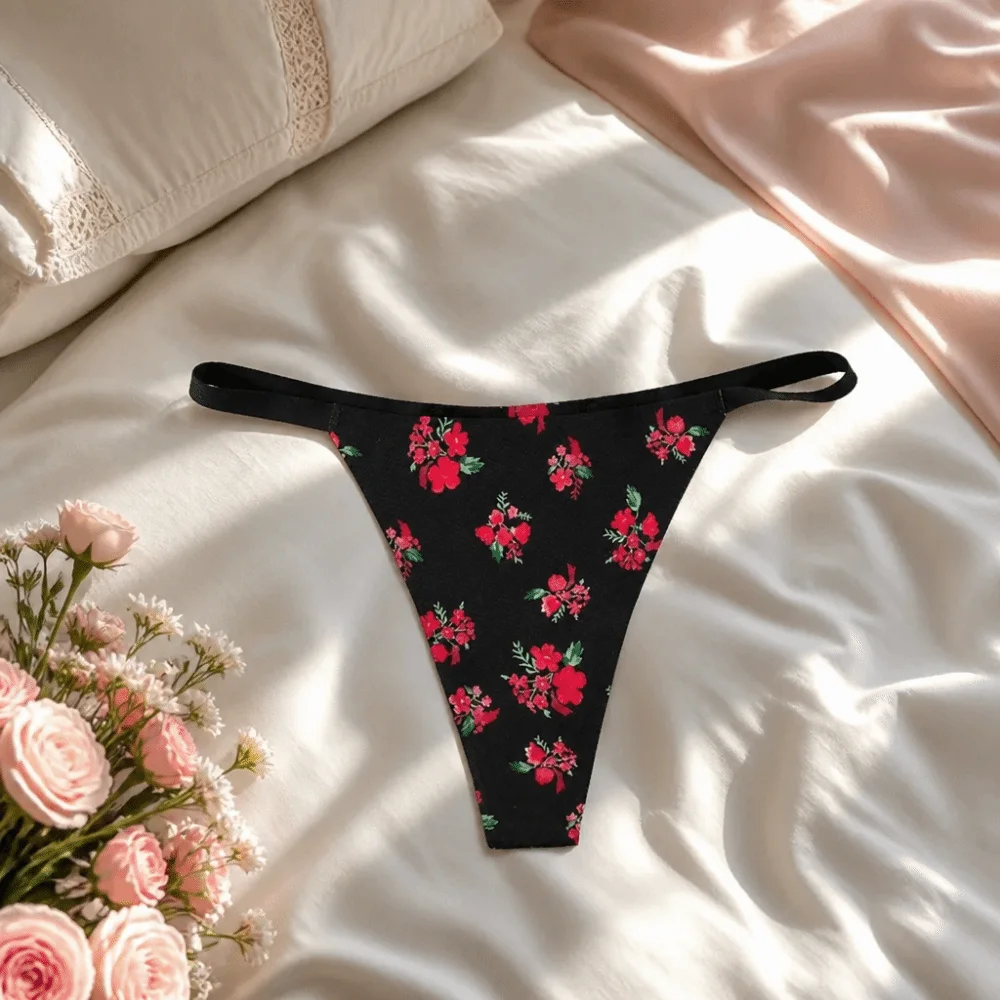 Elegantes tangas sin costuras para mujer, de cintura baja, con diseño de labios, T-back, ropa interior con estampado de fresas y corazones para chicas.