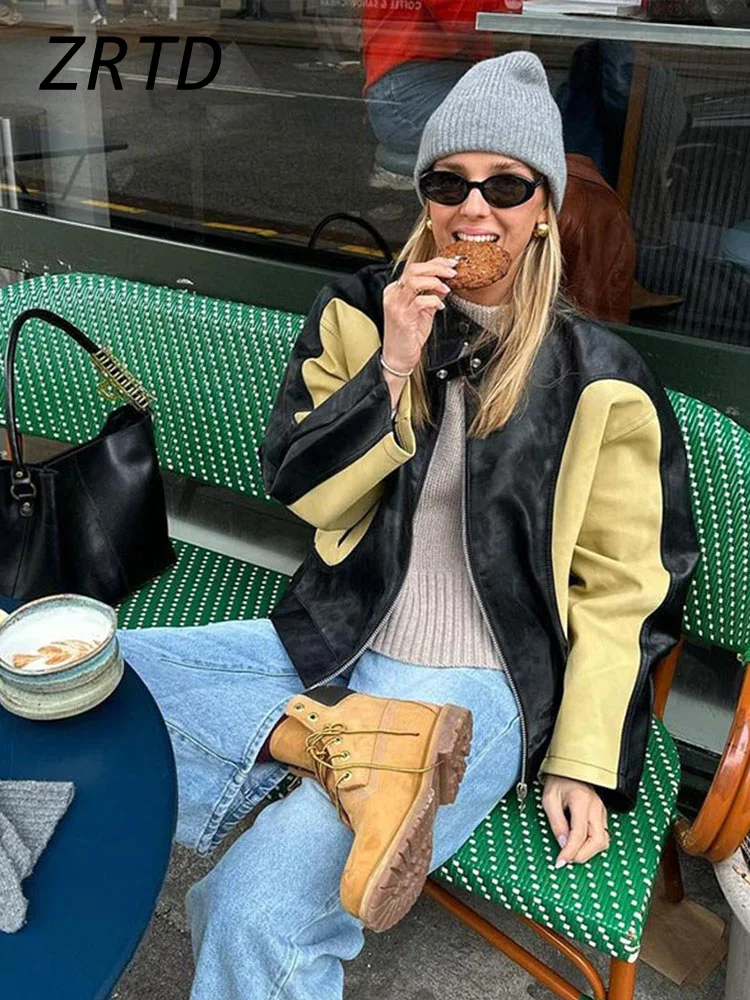 Chaqueta de cuero PU con paneles para mujer, abrigo de manga larga con cuello redondo y cremallera, Estilo Vintage, otoño, 2024