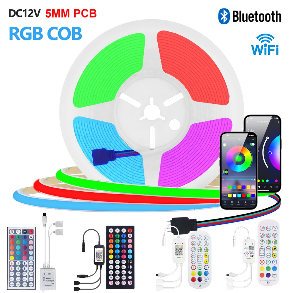 5mm PCB RGB COB LED Strip Light WiFi Bluetooth Remote Control DC 12V Power Adapter Kit 1/2 Roll 576LEDs/m 0.5m 1m 2m 3m 4m 5m