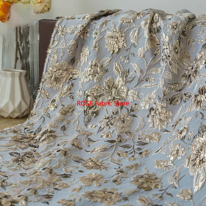 Blue Gray Gold Silk Yarn Dyed Jacquard Fabric Retro Dress Jacket Bag Decorative Sewing Fabric