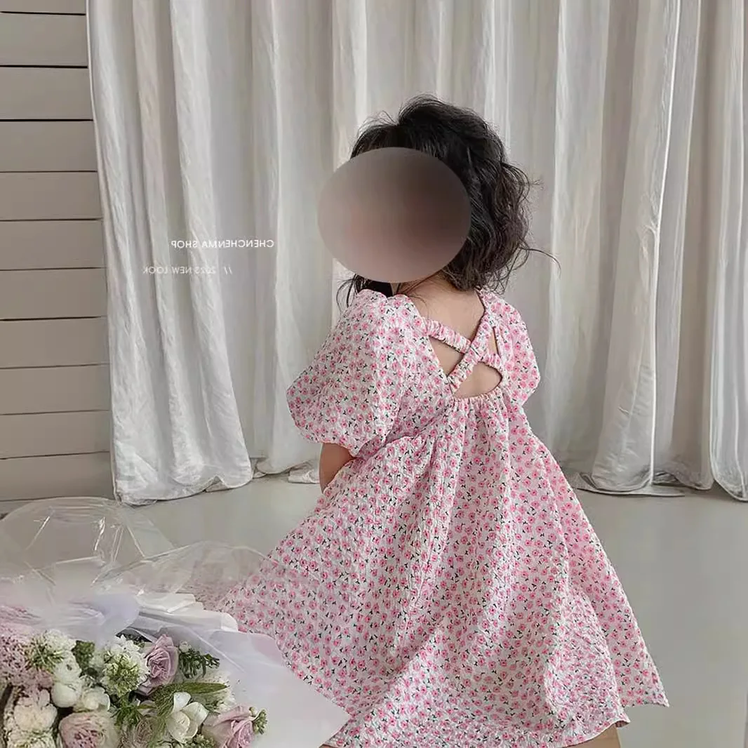 Girls Puff Sleeve Dress 2026 Summer Fashion New Style Baby Girl Stylish Versatile Casual Sweet Cute Small Floral Princess Dress