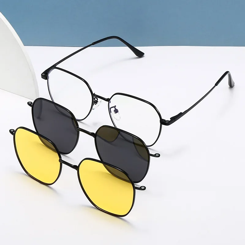 3 in1 Magnetic Clip Myopia Sunglasses Glasses Women Men Polarized Prescription Optical Big Frame Eyeglasses