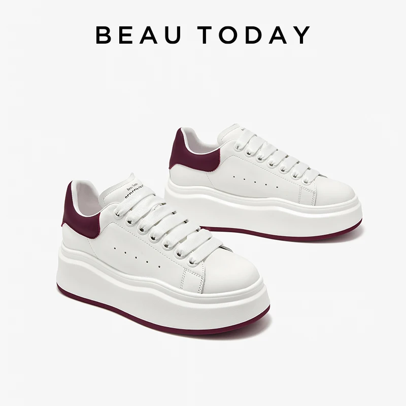 BEAUTODAY White Sneakers Women Genuine Cow Leather Flats Lace-Up Thick Sole Spring Ladies Platfrm Shoes Handmade A29746