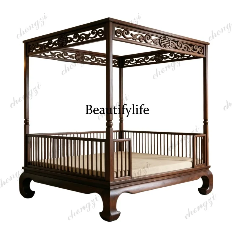 A74 Double solid wood bed, carved four-poster bed, black walnut wood frame bed view 4