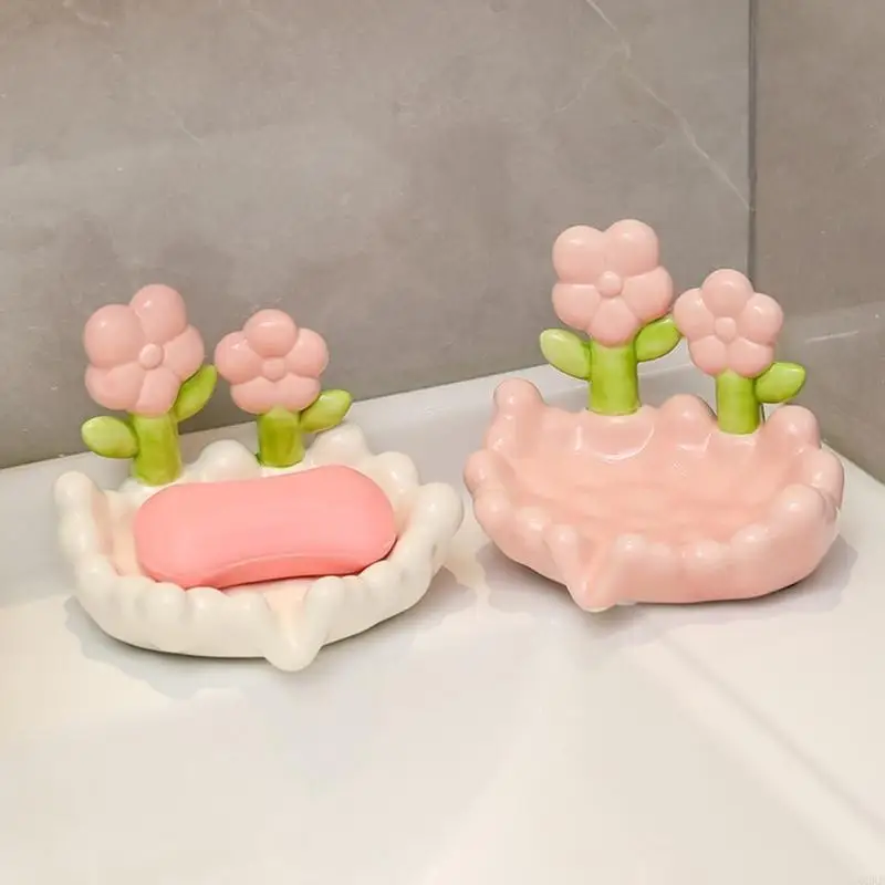 62KD Graceful Ceramic Soap Rest, Decorative Ceramic Soap Dish Lovely Flower Soap Holder for Washroom Bathroom Soap Case