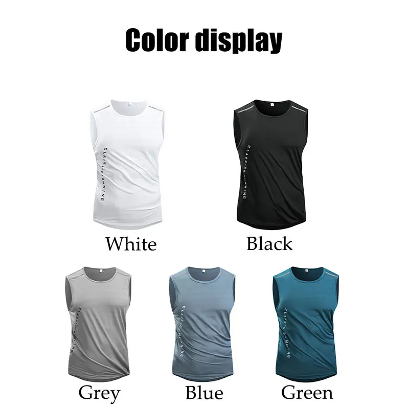 Summer Men's Ice Silk Vest Running Elastic Breathable Quick-Drying Sports Vest Mens Solid Color Printed Reflective Strip Vest