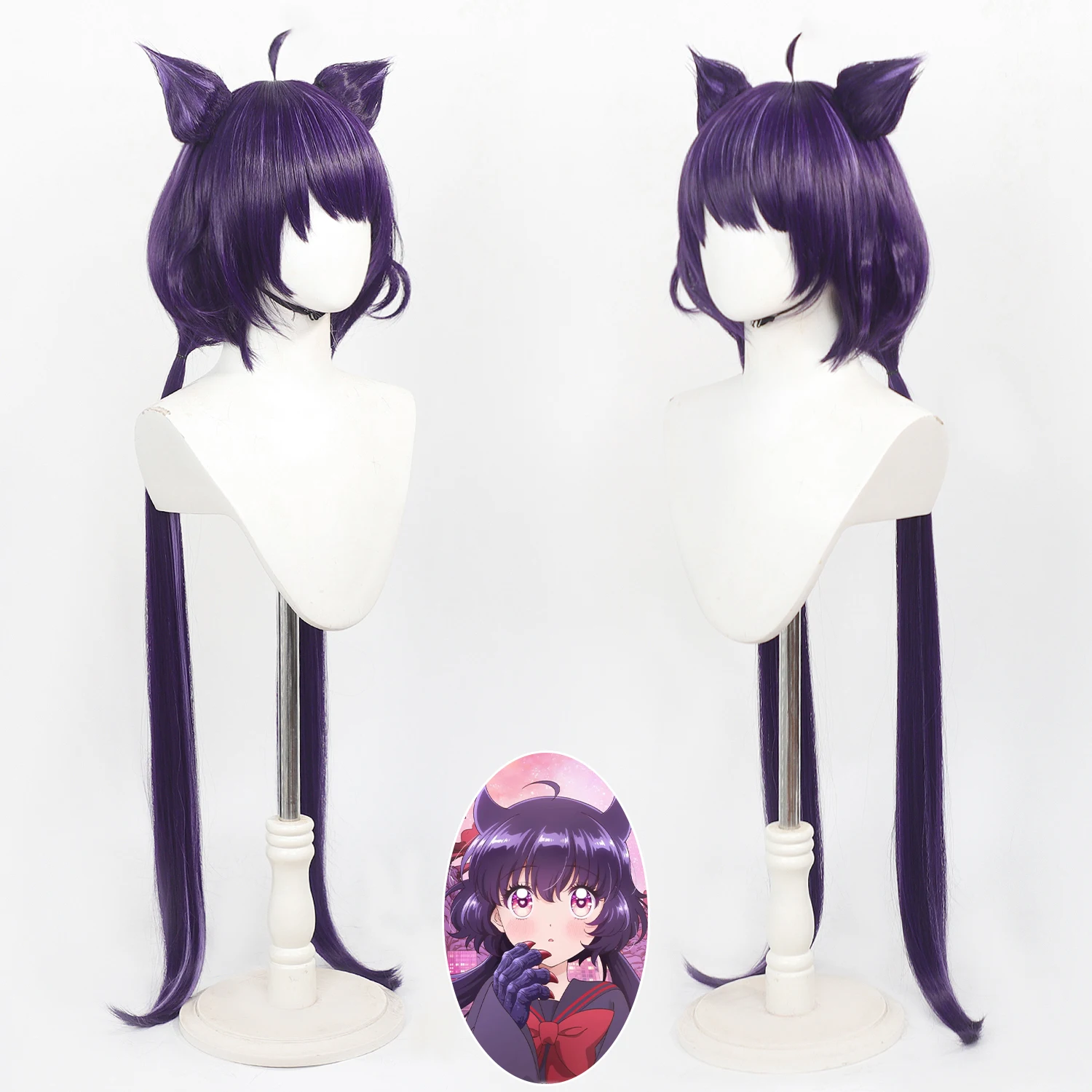 Anime Cosplay Wig Dark Purple Jellyfish Hair Double Ponytails Detachable Beast Ears Heat Resistant Synthetic Wig Halloween