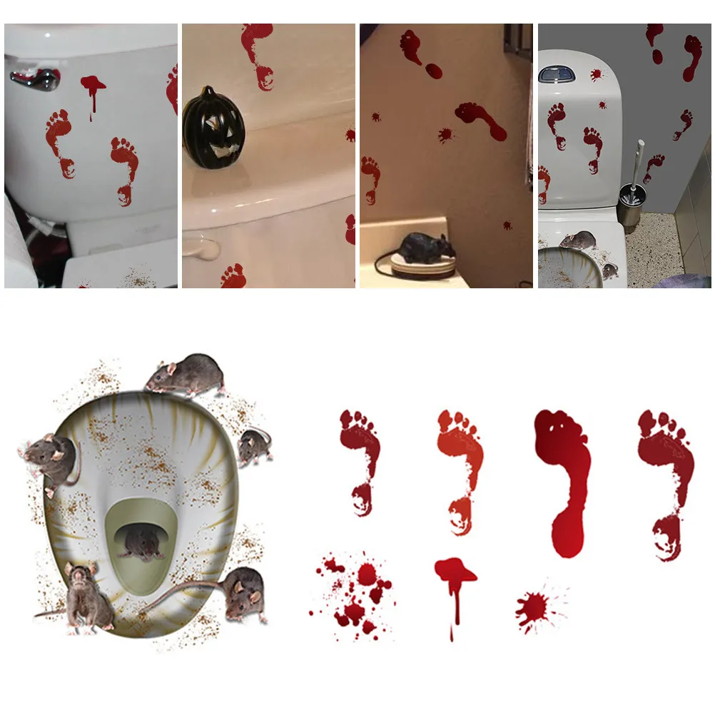Halloween Bathroom Home Decor Creepy Toilet Seat Sticker and Rat Decal Mouse Footprint