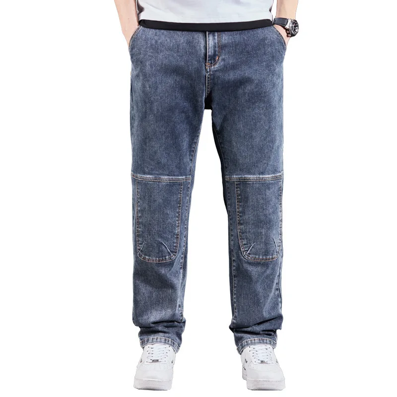 Summer Thin Elastic Jeans Men's Trendy Fashion Stitching Oversized Enlarged Denim Long Pants Trousers Male Clothing Bottoms
