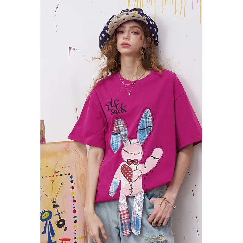 ELFSACK Graphic Short Sleeve T-Shirt with Rabbit Patch Embroidery, Soft Purple Cotton Casual Tee, Daily Summer Top for Women