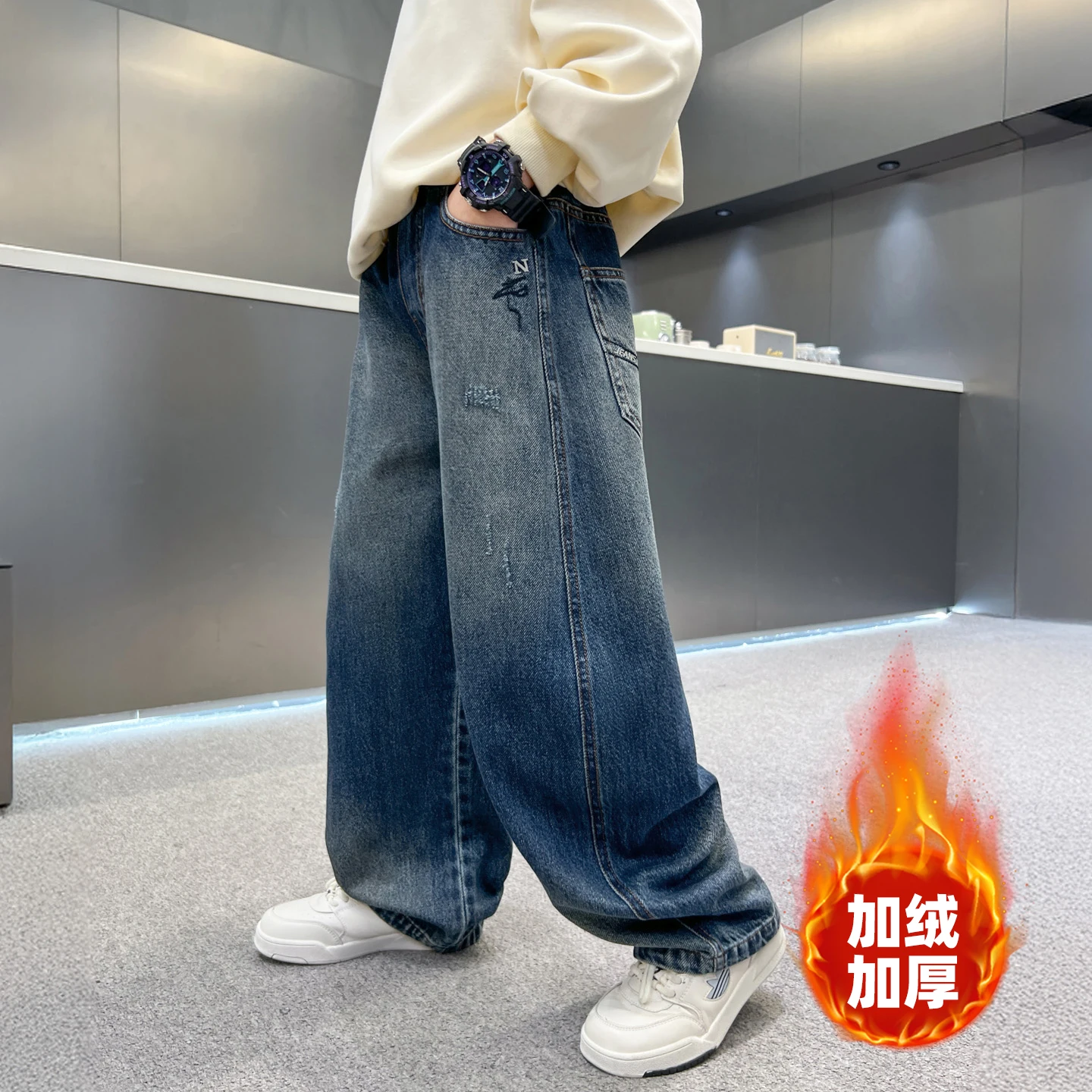 Teenage Boy Jeans Insulated Solid Color Children Jeans Casual Kids Jeans Winter Autumn Kids Clothes 4 6 8 10 11 12 13 14 Years