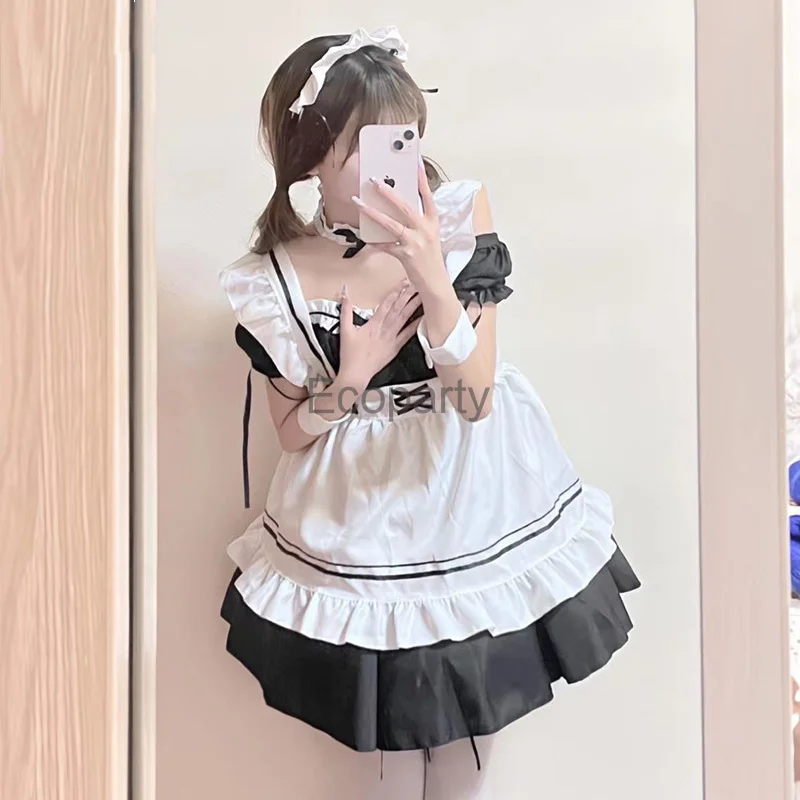 2024 Women's Maid Outfit Japanese Lolita Cosplay Cute Sexy Cafe Costume Halloween Black White Men Women Maid Dress With Apron