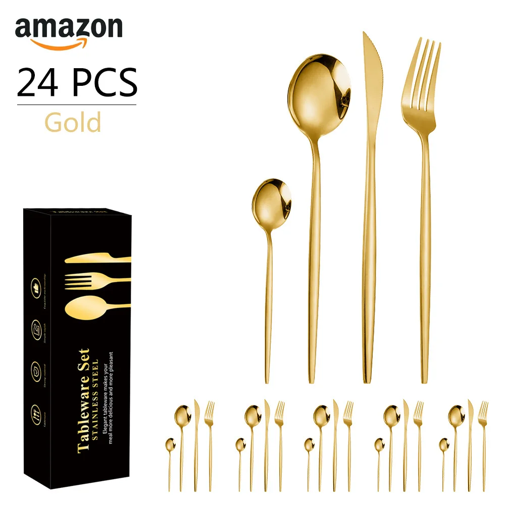 24Pcs Stainless Steel Dinnerware Set Black Gold Cutlery Spoon Fork Knife Western Cutleri Silverware Flatware Tableware Supplies