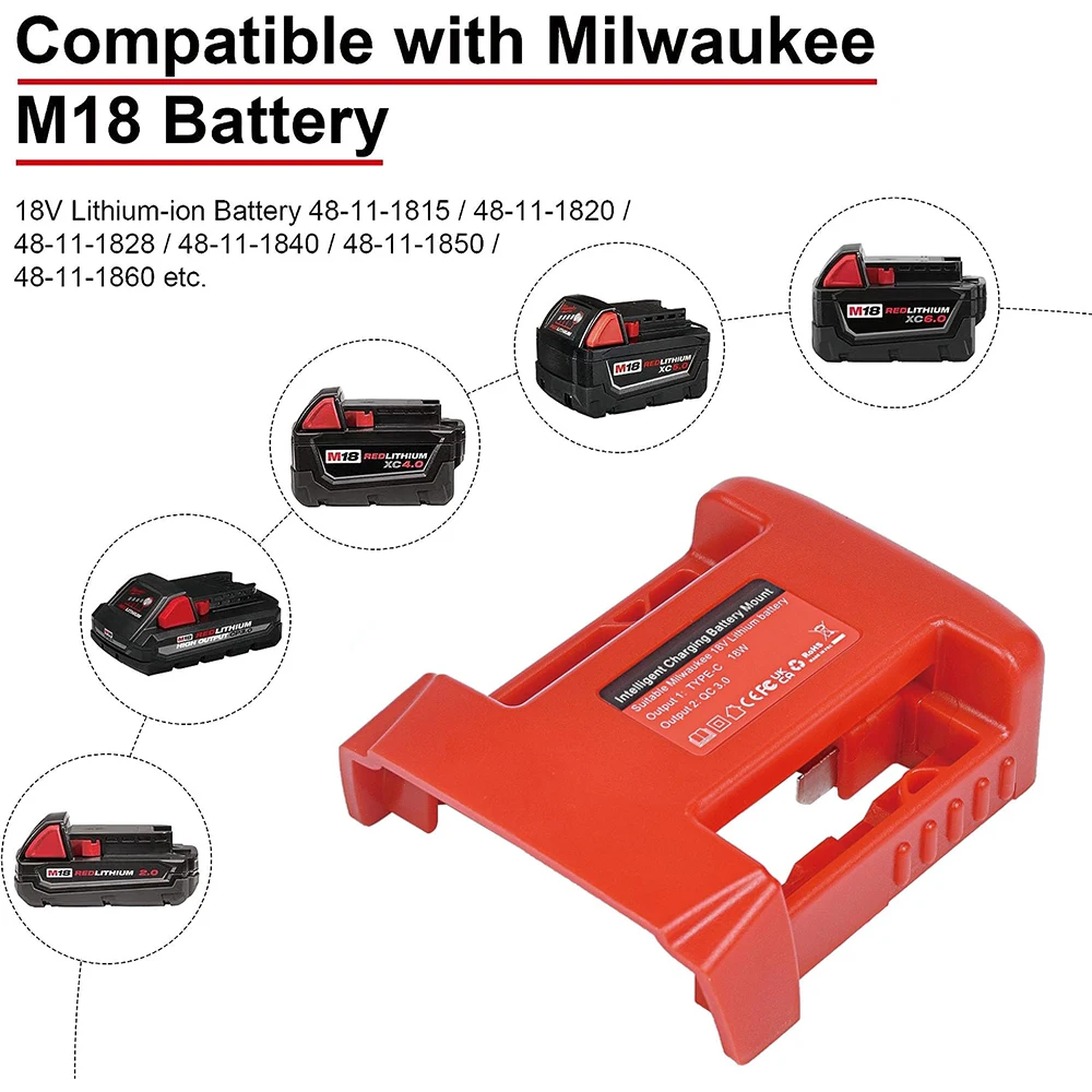 Imagem -06 - Carregador Rápido Usb para Milwaukee 18v Li-ion Suporte de Bateria Portátil Adaptador com Usb e Saída tipo c Carregamento Rápido