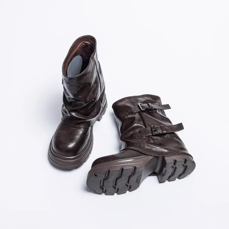 AUTUSPIN 12cm Chunky Boots Women Winter Autumn Retro Classic Genuine Leather Wedge Hidden Heel Booies Popular Street Footwear - Image 5