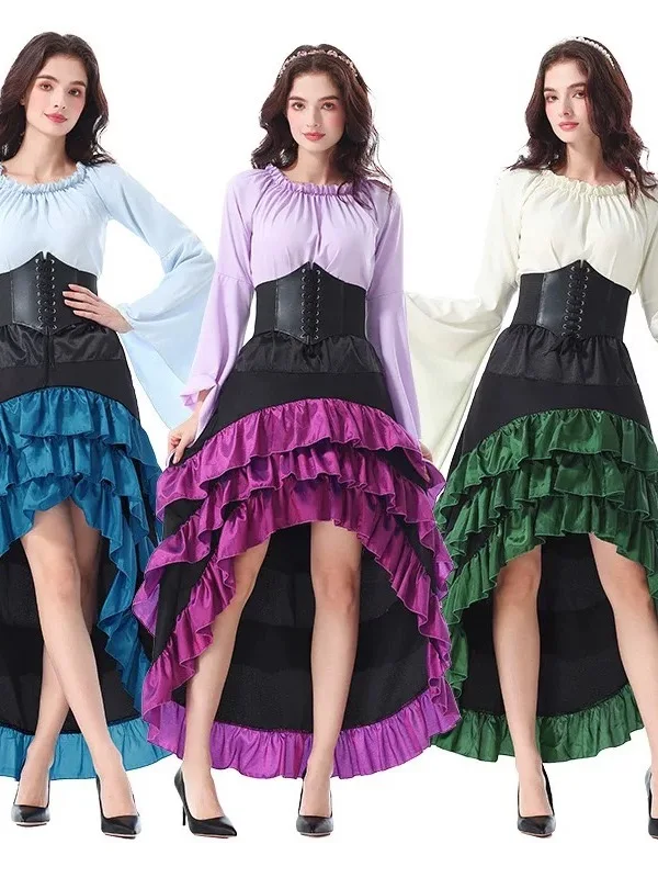 

Длинная юбка пирата на Хэллоуин для взрослых с кружевным подолом спереди или ба Длинный костюм среднего возраста со сборкой талии