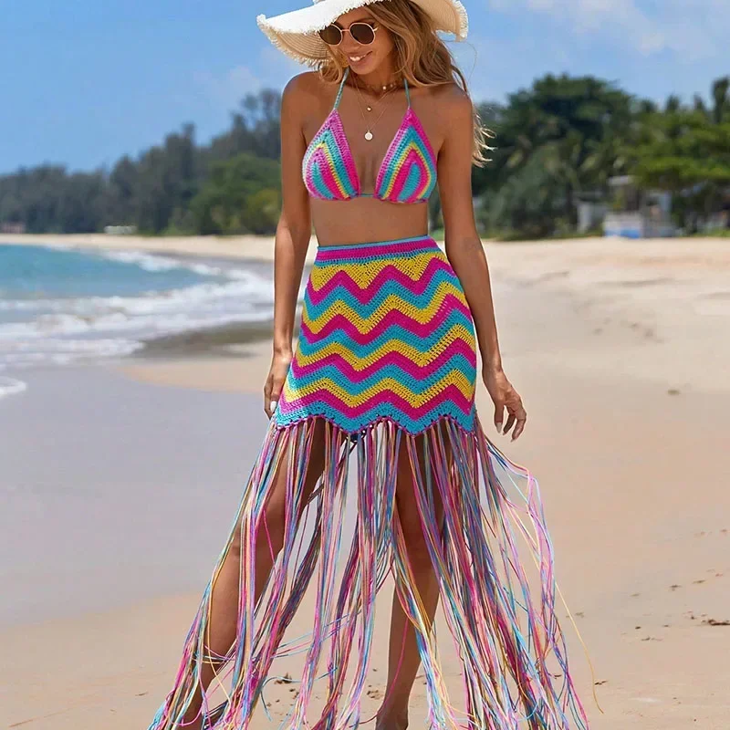 Striped Crochet Knitted Summer Dress Sets Women Two Piece Set Beach Swimwear Sexy Bra and Long Skirt Tassel Fringe Bathing Suit