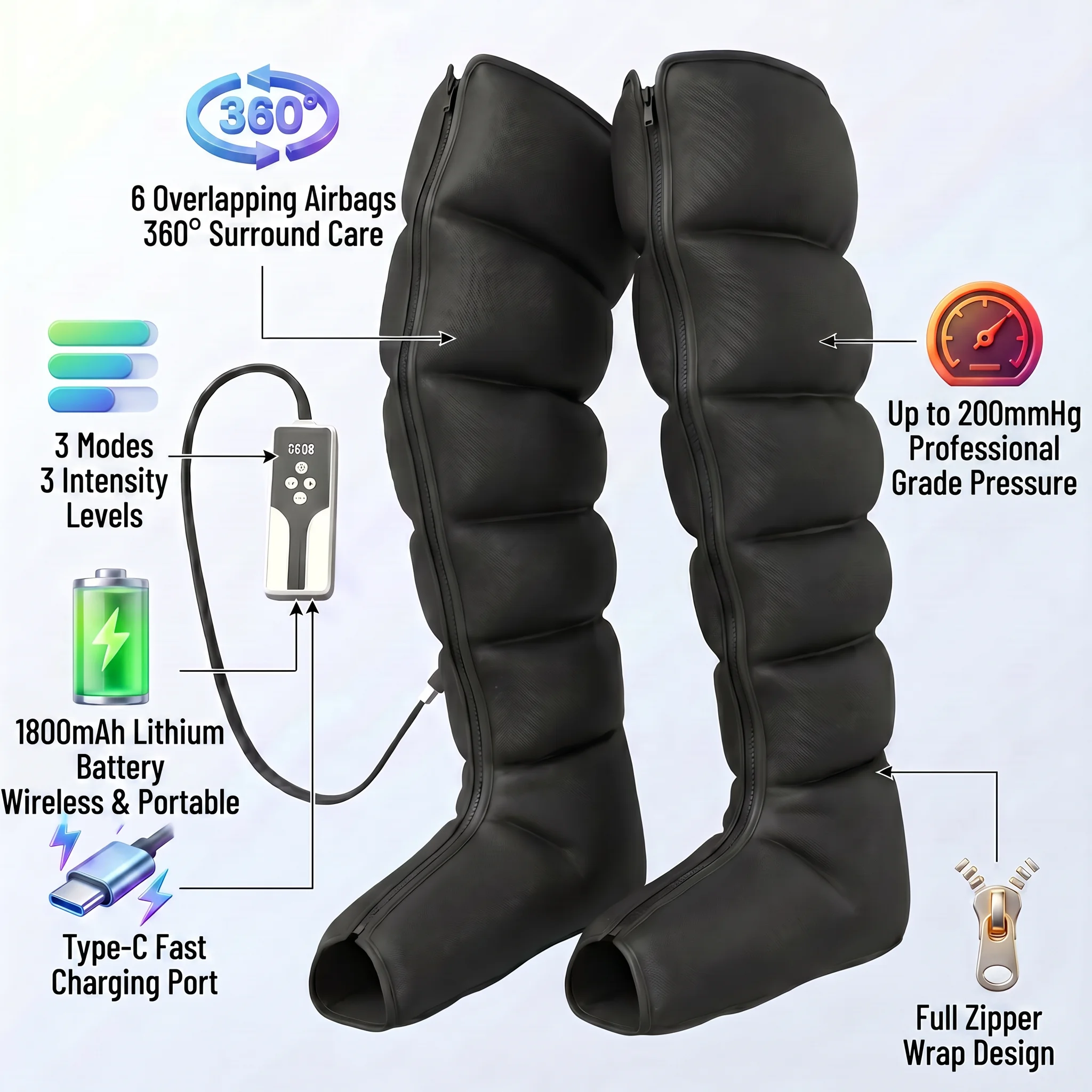 2 PC/Pair USB Rechargeable Leg Massager Air Compression for Boots for Calf & Foot Promotes Recovery, Relaxer With Pause Function