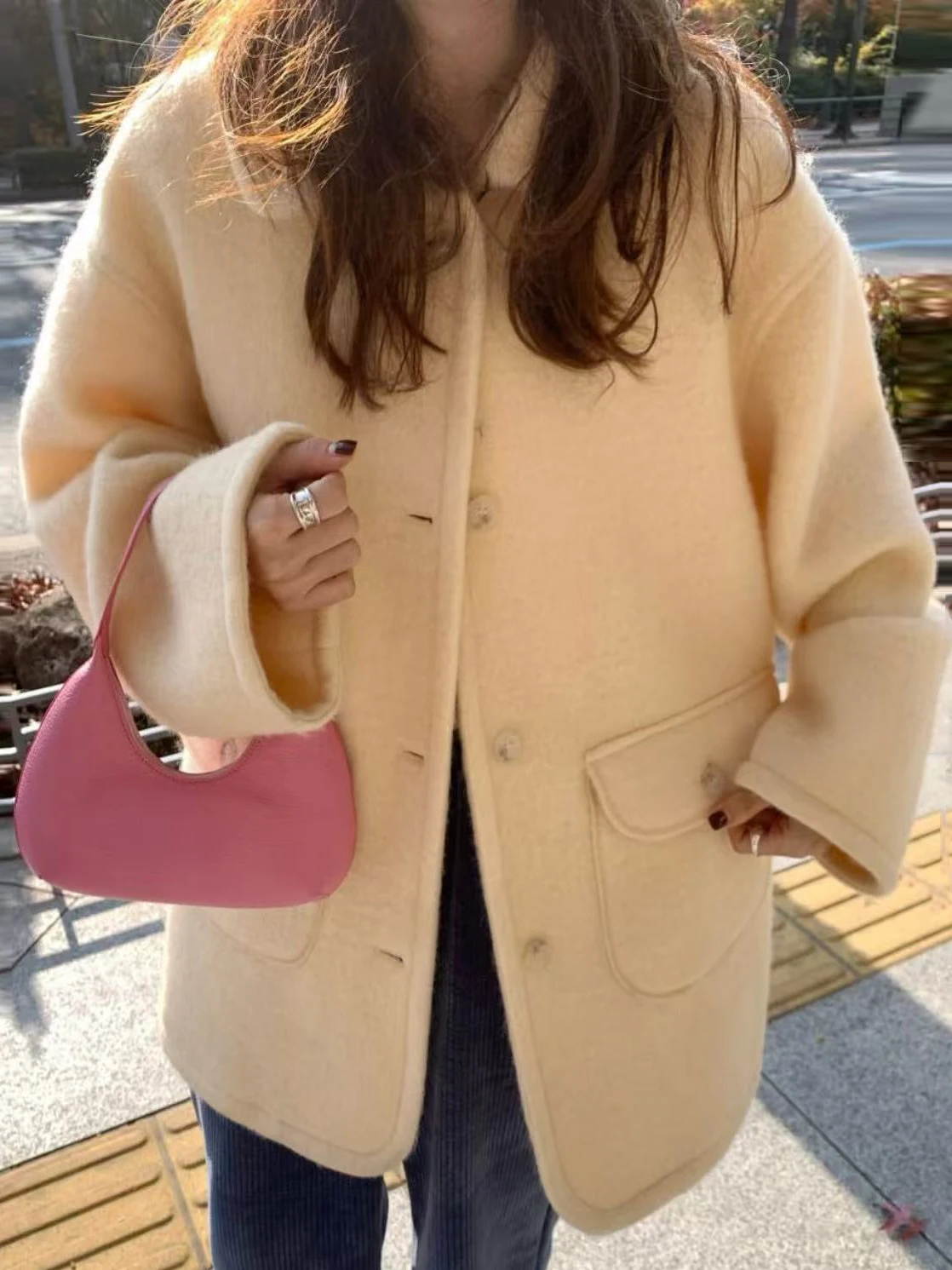 معطف صوفي دافئ كوري للنساء شتوي متوسط الطول بزر واحد وياقة أمامية من الفلانيل Jaet Gentle Fene #1