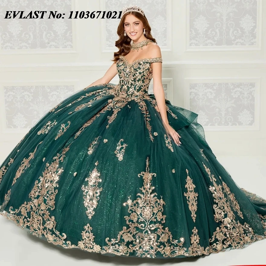 

EVLAST Emerald Green Quinceanera Dress Ball Gown Gold Lace Applique Beading Tiered With Bow Sweet 16 Vestidos De 15 Anos SQ231