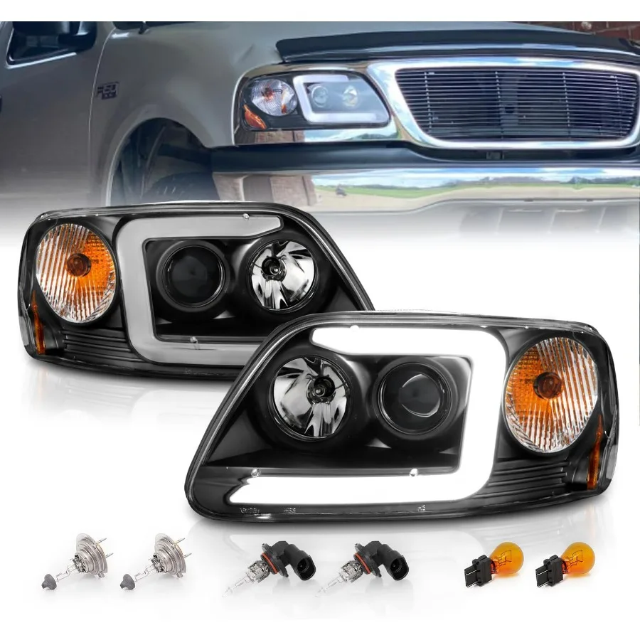 

for 1997-2003 Ford F150 Expedition Pickup Truck Black C-Type LED Tube Projector Replacement Headlights Set - Driver and Passenge