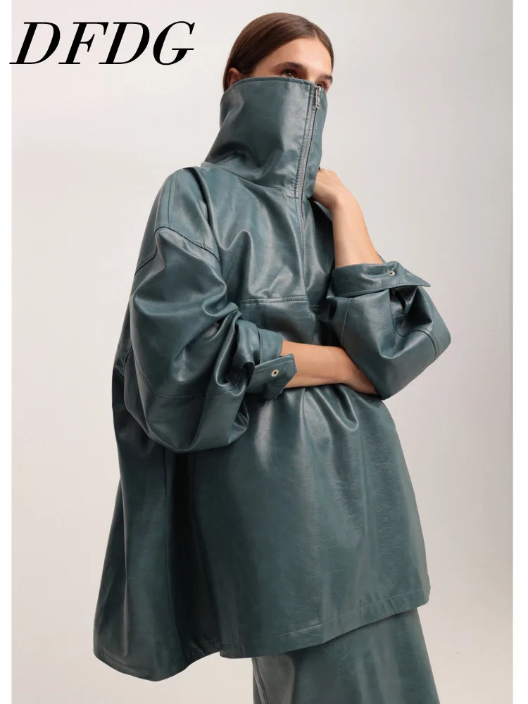 

Женская куртка DFDG из искусственной кожи, весна-лето 2026, с высоким воротником, на молнии до середины, оверсайз, с длинными рукавами, повседневная уличная одежда