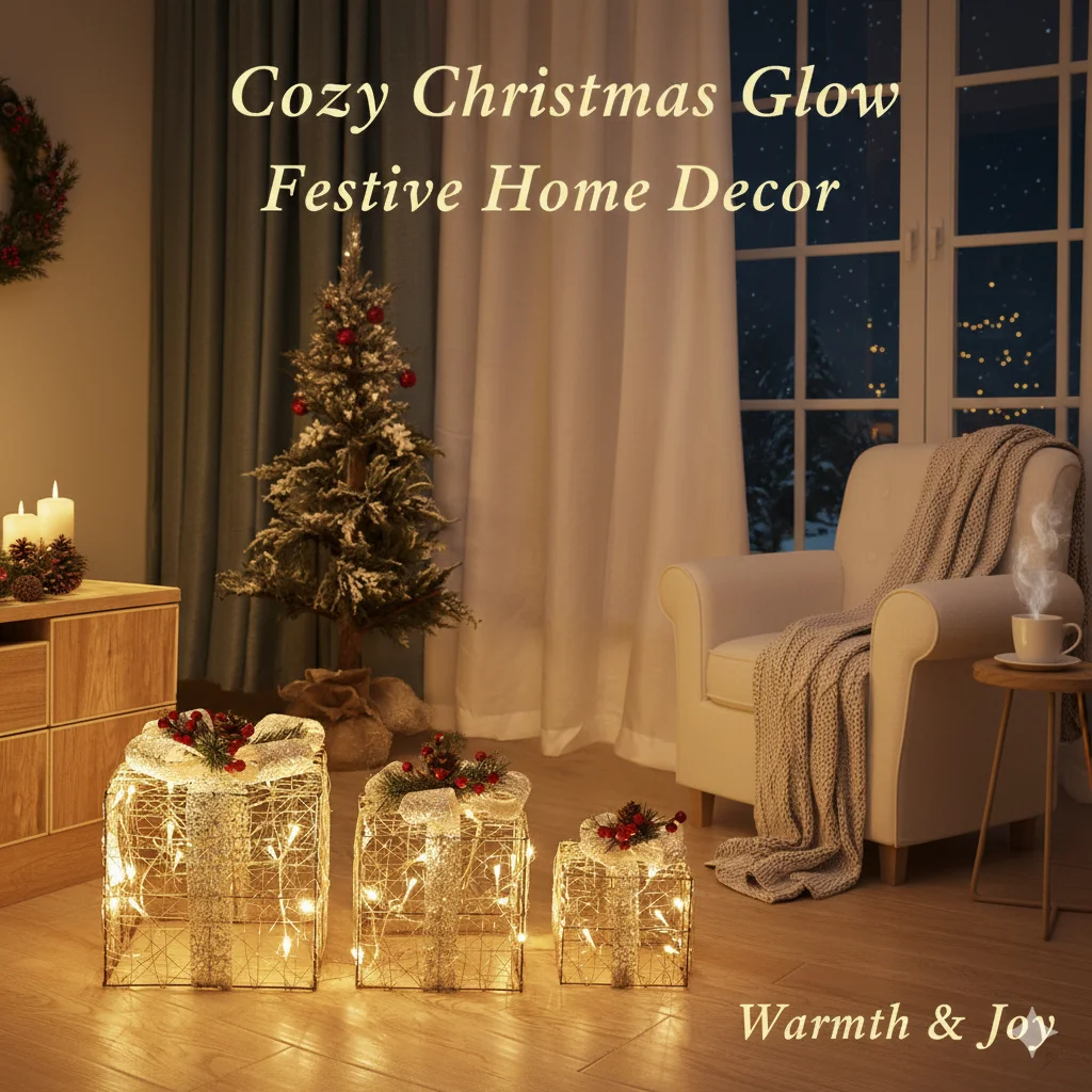 

Lighted Christmas Gift Box Set With Warm White Lights, Glitter Ribbons And Pinecone Decor, 3PCS Indoor Holiday Ornament