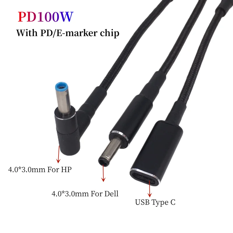 Type C to 4.5x3.0mm Plug Converter 100W USB C PD Fast Charging Cable for HP / Dell Laptop Charger DC 4.5*3.0