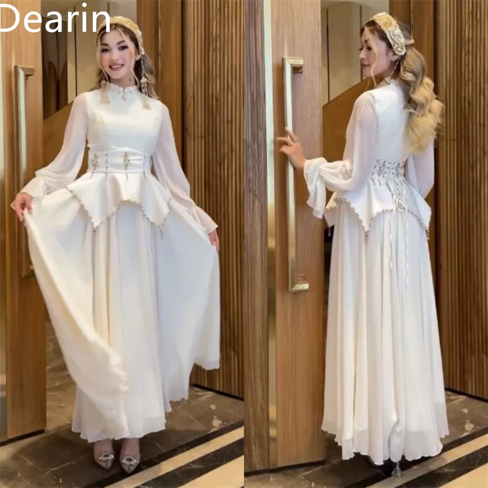 

Customized Formal Dress Dearin High Collar A-line Ankle Length Skirts Draped Layered Tulle Bead Bespoke Occasion Dresses Prom Ev