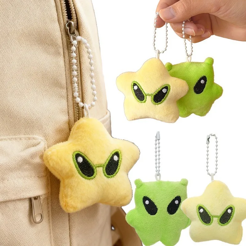 6pcs Cute Green Alien Star Plush Pendant Mini Soft Doll Keychain Versatile Bag Ornament Car Key Accessory Lovely Jewelry Gift