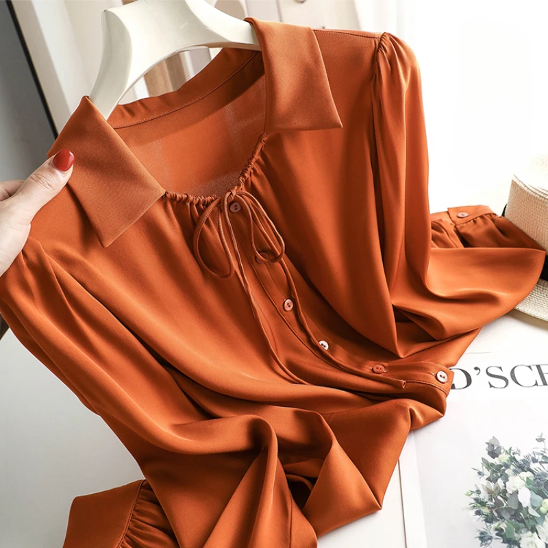 Satin Solid Women\'s Shirts Summer 2023 New Loose Vintage Blouses Long Sleeves Ladies Clothing Silk Women Tops