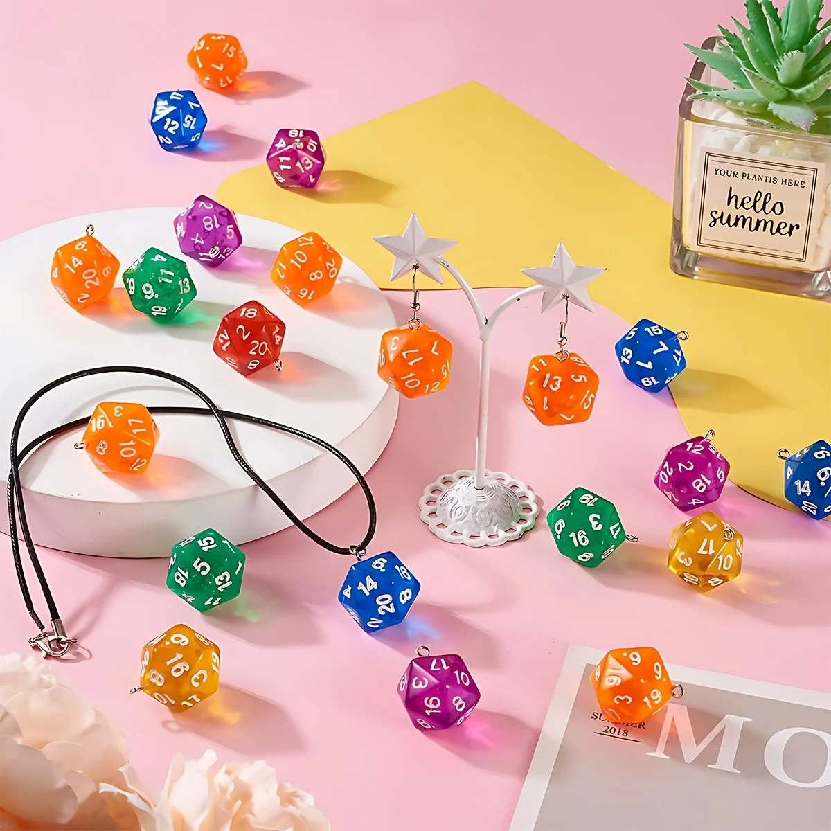 16Pcs D20 Acrylic Dice Pendants, Random Color Transparent Charms for Bracelet Necklace Keychain DIY