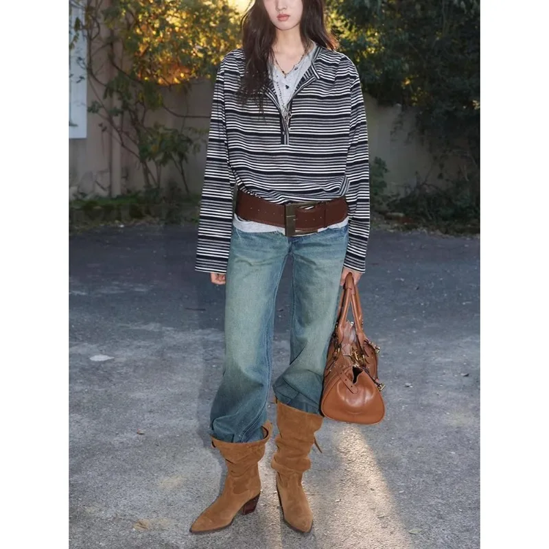 The New Autumn Fashion Women's Top Is Soft Skin-friendly and Double-layered Fake Two Striped  Neck Knitted Long-sleeved T-shirts