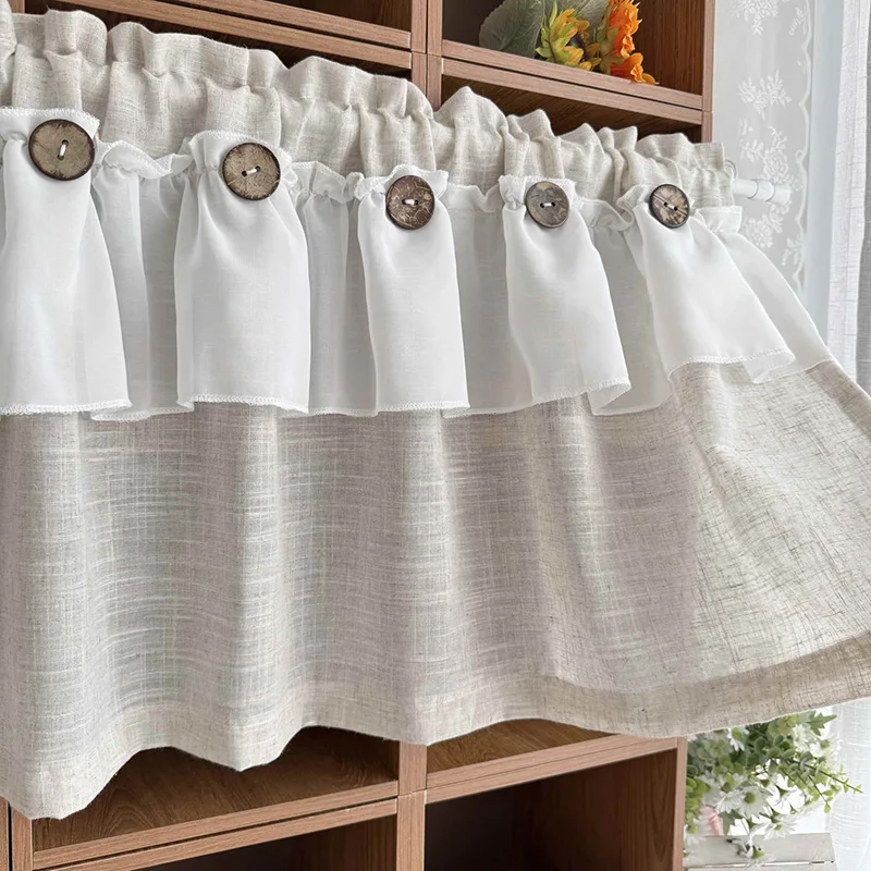 1Piece American Pastoral Beige Imitation Linen Fabric White Ruffled Cafe Curtain with Button For Living Room Bedroom and Kitchen