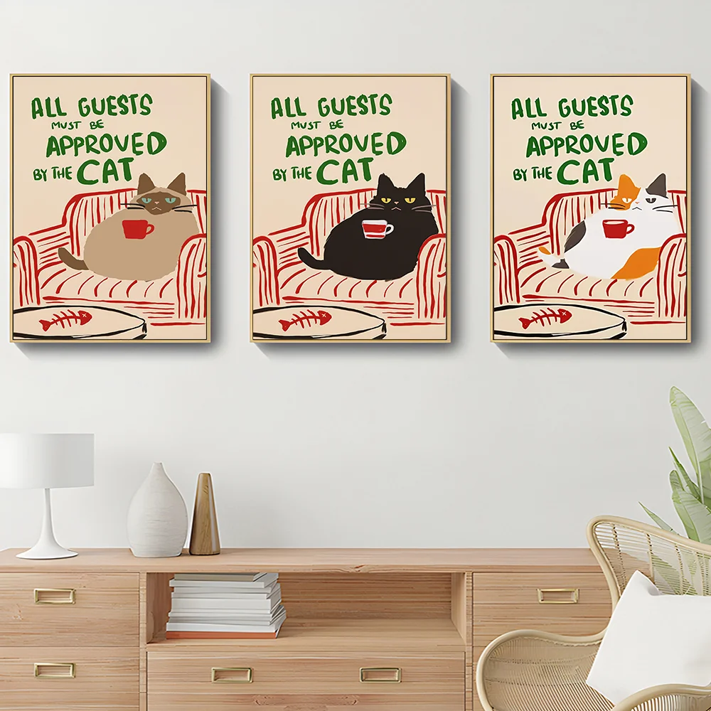 1 Impression sur toile décorative pour salon, chats abstraits - Décoration amusante « Tous les invités doivent être approuvés par les chats », impressions et affiches murales pour la maison