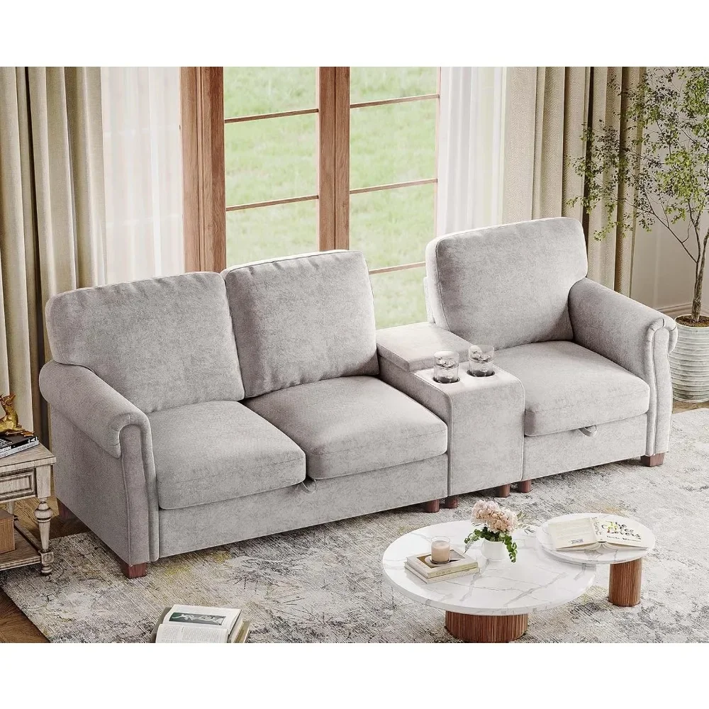 ספה חלקית עם מושבי אחסון ו-2 מחזיקי כוסות, ספה בד chenille-seater נוח לסלון, דירה, סטודיו, משרד