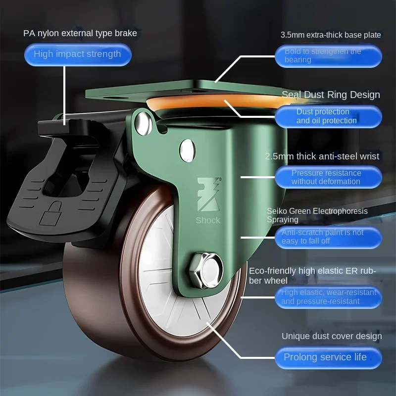 4 Pc1.6 inch Silent Rubber Casters Swivel & Fixed Wheels with Brake, High Weight Capacity for Furniture, Hand Trucks & Equipment