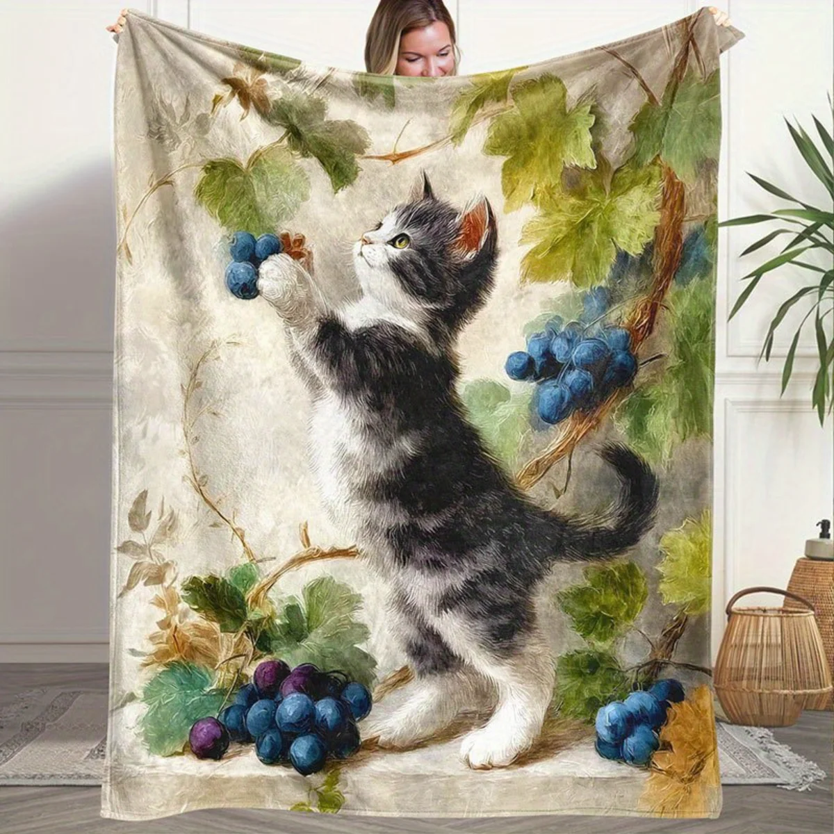 

1-фланелевое одеяло с принтом кота и винограда — теплое и уютное, идеально подходит для диванов, офисов, кроватей, кемпинга и Рождества.